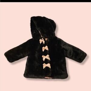 Bon Bebe 18 month girl faux fur coat, with satin pink inseam, and velvet bows